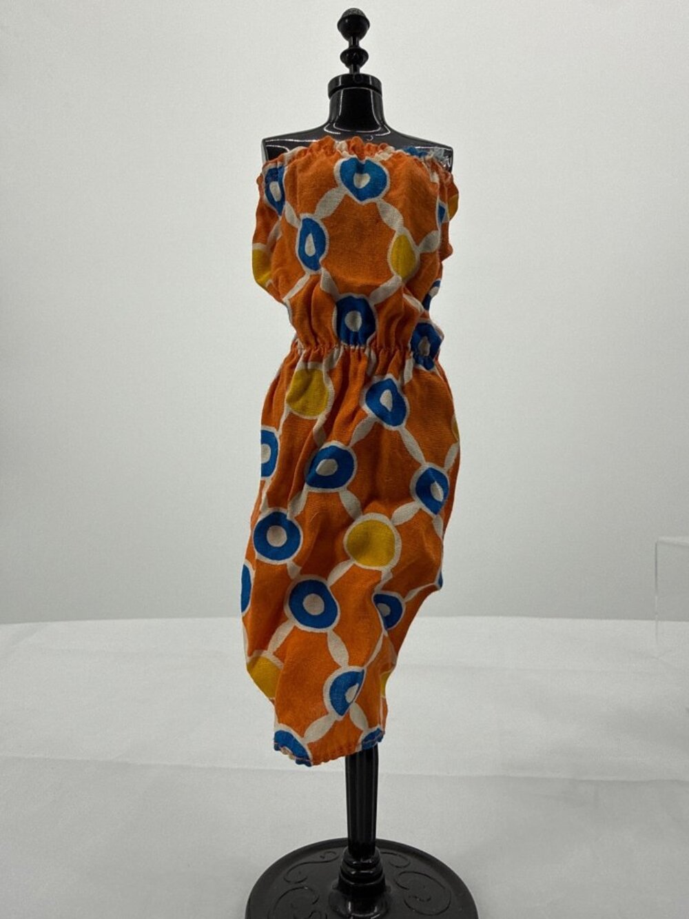 Vtg 60s 70s Mod Doll Dress Strapless Orange Geometric Circle Pattern